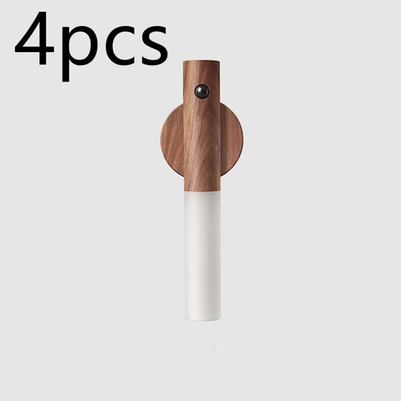 Auto LED wireless night light with wood finish and motion sensor, 4pcs set for home use.
