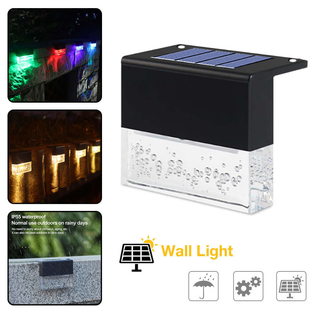 Waterproof RGB LED solar light for garden and fence, featuring high-efficiency solar panels and crystal-like design.