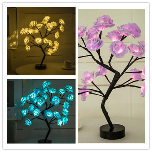  Rose flower lamps in pink and white on a marble table with soft lighting, ideal for elegant home decor.