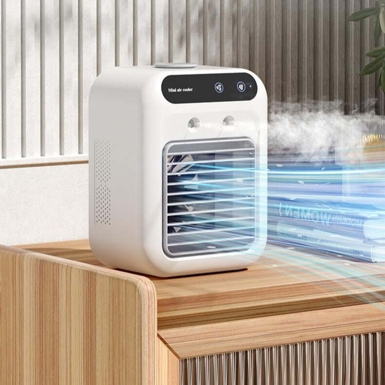 This portable air conditioner cools your space with water fan technology. Ideal for home, office, or car. Lightweight and energy-efficient.