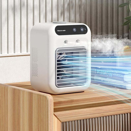 This portable air conditioner cools your space with water fan technology. Ideal for home, office, or car. Lightweight and energy-efficient.