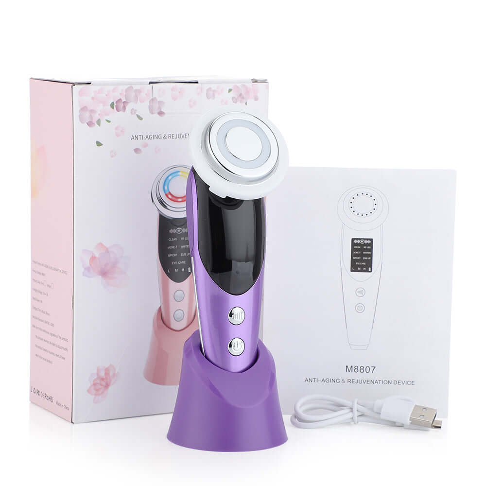7-in-1 facial massager with cleansing, rejuvenation, and acne treatment features in stylish packaging.