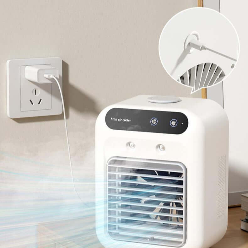 This portable air conditioner cools your space with water fan technology. Ideal for home, office, or car. Lightweight and energy-efficient.