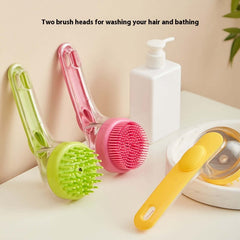 Two colorful pet bath brushes with different heads for grooming and bathing pets on a countertop.
