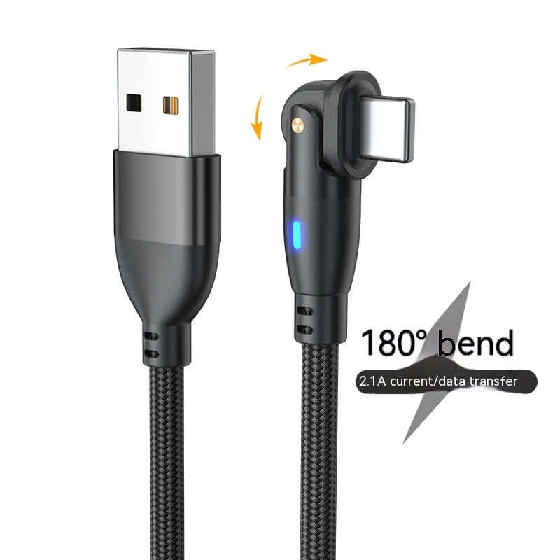 180-degree bendable fast charge type-C data cable for Android, with aluminum alloy and nylon woven for durability.