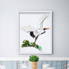 Framed quilted paper illustration of a crane, ideal for home, classroom, or festive decorations.
