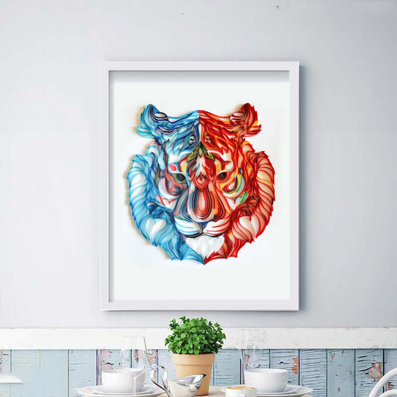 Colorful quilted tiger illustration framed on wall for home decoration and art enhancement.