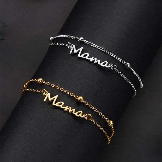 Simple Letter Mama Charm Bracelet for Women Metal 3 Colors Double