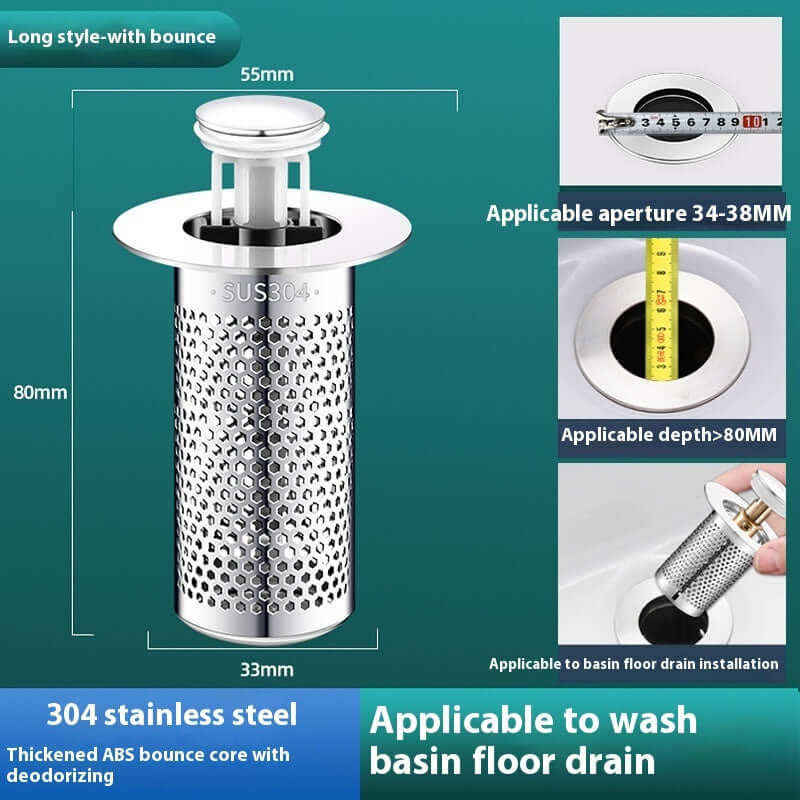 304 stainless steel wash basin drainer with bounce core, compatible with 34-38mm aperture and depth up to 80mm.