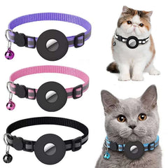 Reflective nylon collars for cats in various colors, featuring protective holder for Airtag and a bell.
