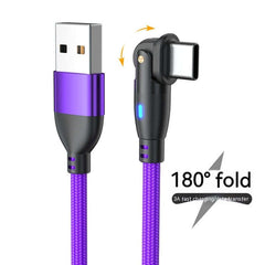 Purple 180-degree bending USB cable for fast charging and data transfer, featuring durable aluminum alloy and nylon weave.