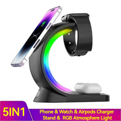5-in-1 magnetic wireless charger stand with RGB atmosphere light for phone, watch, and AirPods.