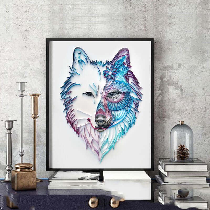 Colorful wolf illustration framed on a decorative shelf, showcasing artistic design suitable for home decor.