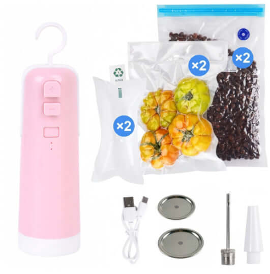 4-in-1 portable electric vacuum sealer with accessories, including bags, pump attachment, USB cable for kitchen use.