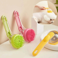 Pet grooming brushes in pink and green with a yellow handle for dogs and cats, ideal for gentle bathing and fur removal.