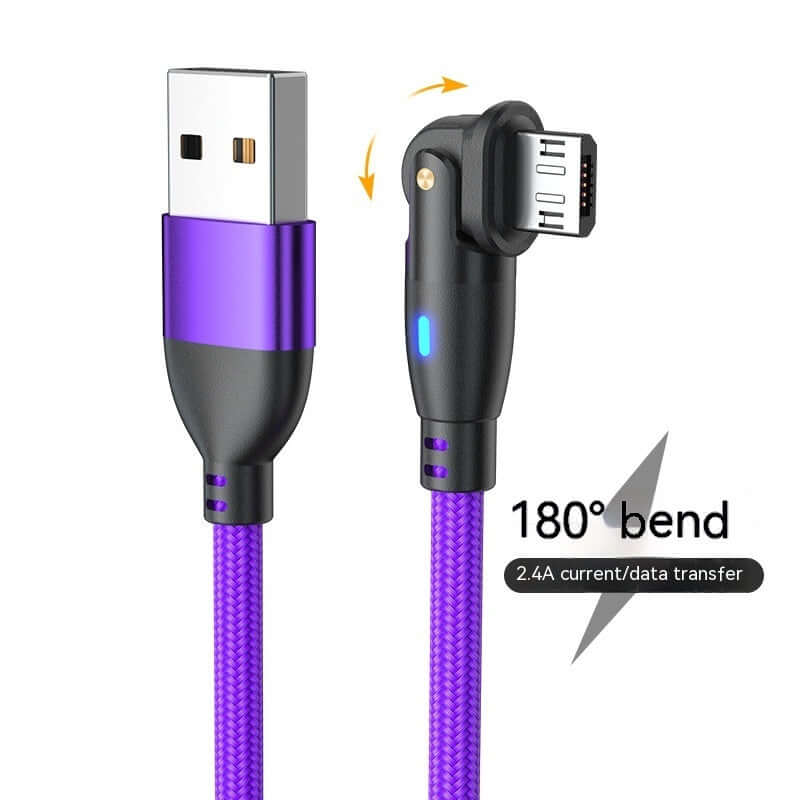 180-degree bending purple USB data cable with LED indicator for fast charging and data transfer.