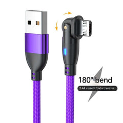 180-degree bending purple USB data cable with LED indicator for fast charging and data transfer.
