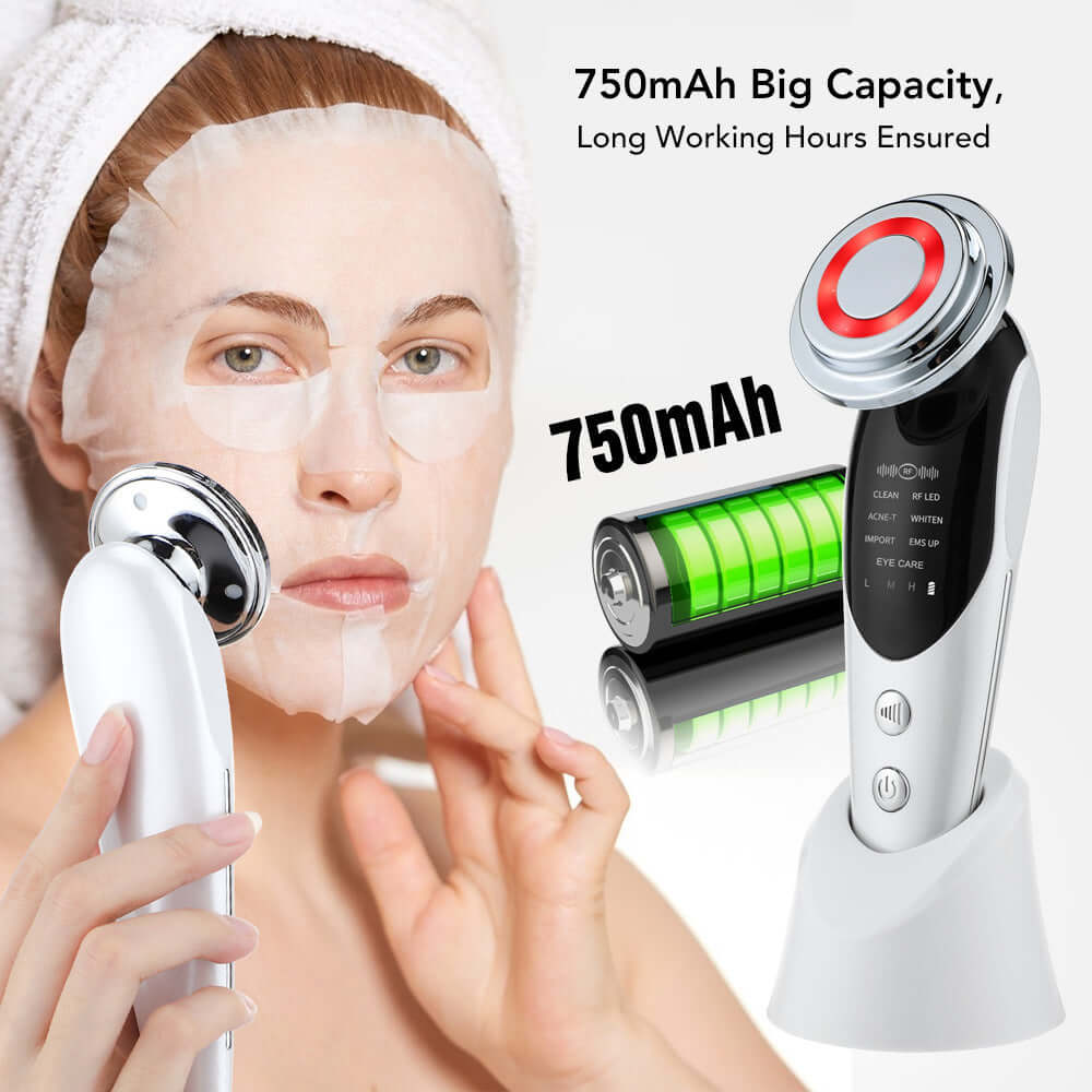 Woman using a 7-in-1 facial massager for skin care, showcasing its 750mAh battery and cleansing features.