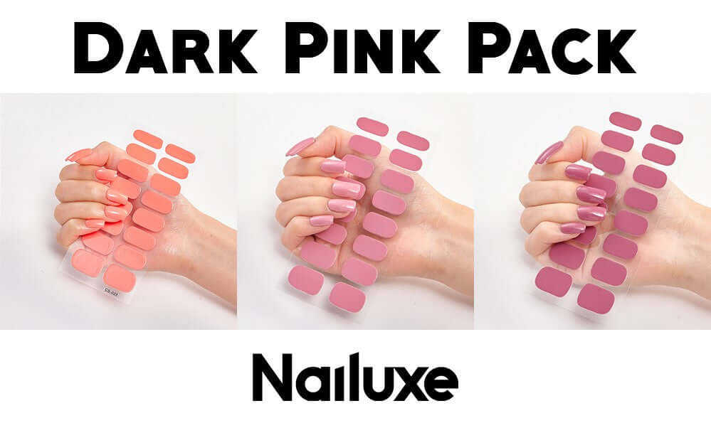 Dark Pink Pack of Nailuxe with three hands showcasing different shades of pink nail stickers.