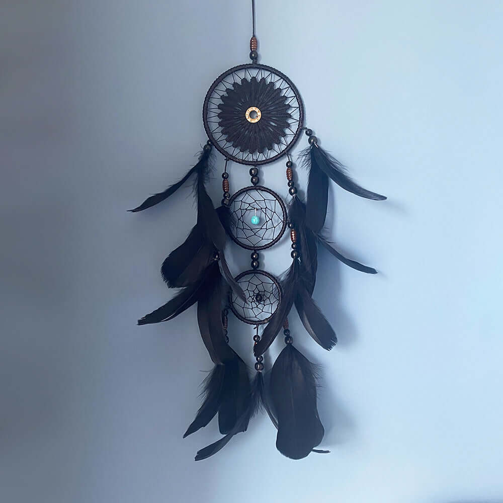Indian dreamcatcher home decoration pendant with black feathers, metal structure, and European style, 40cm in size.
