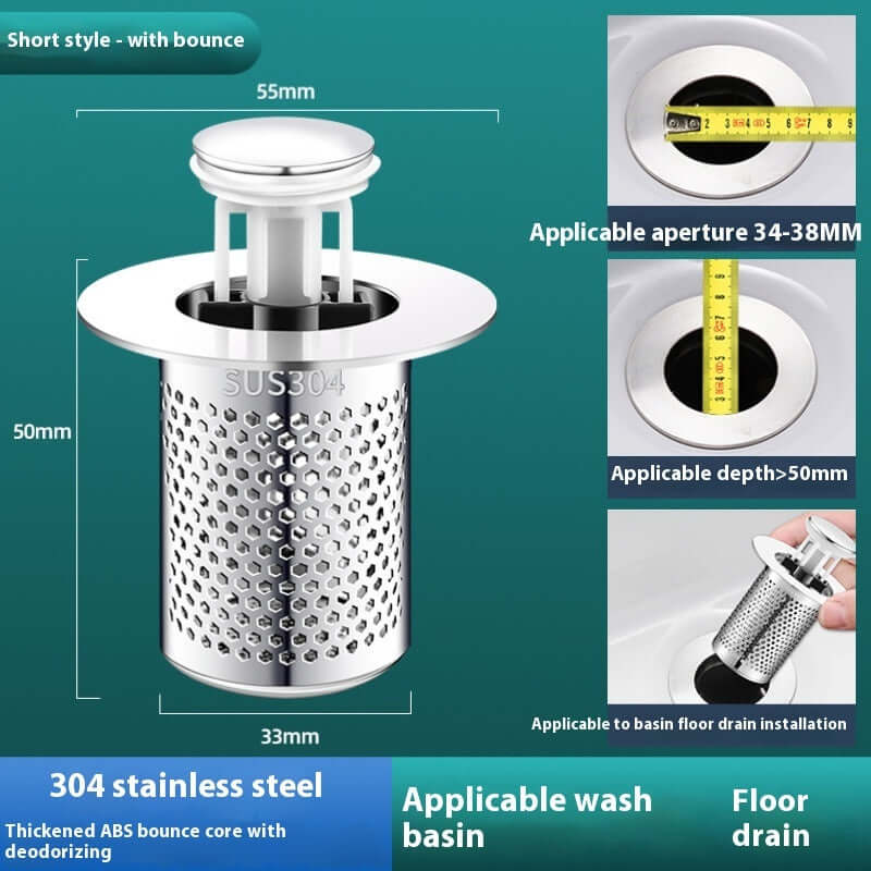 304 stainless steel wash basin drainer with bounce core, suitable for wash basins and floor drains, dimensions included.