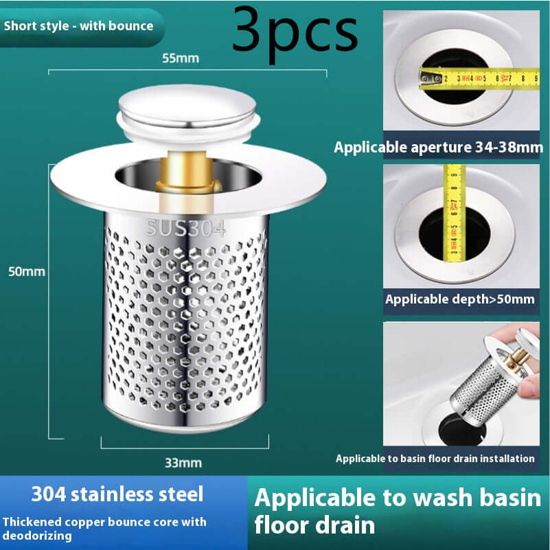 Wash basin plug drainer accessories, 304 stainless steel, with bounce core design, for floor drain installations.
