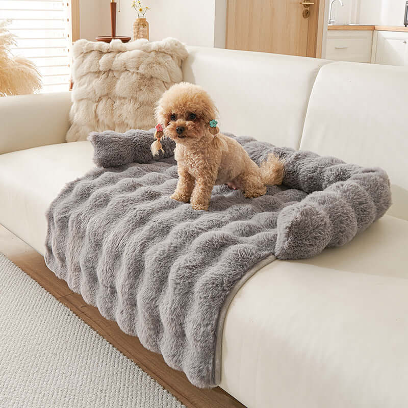 Cozy gray plush dog mat for winter, featuring thick thermal padding and a non-slip design, perfect for small pets.