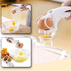 Handheld plastic egg cracker tool in action, separating eggs into a bowl without shells.
