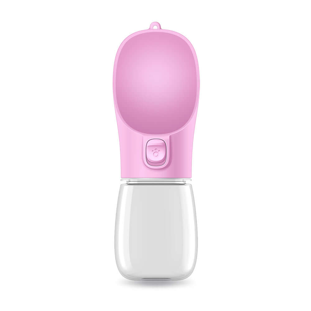 Portable pink dog water bottle with bowl, easy to carry for outdoor activities and travel.