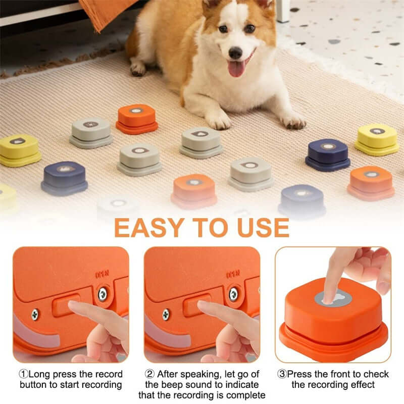 Durable pet communication buttons in various colors for easy recording and interaction with pets.