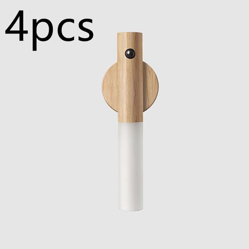 Auto LED wireless night light with magnetic design, 4pcs, wood style for corridors and cabinets.