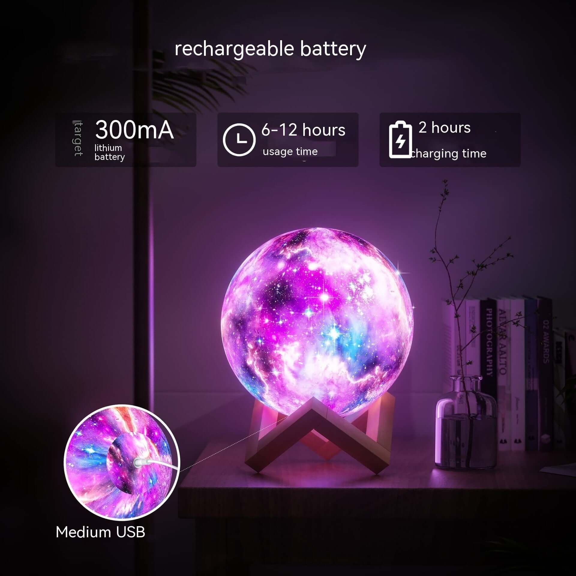3D printing moon light galaxy lamp with rechargeable battery, showing vibrant colors and charging details.
