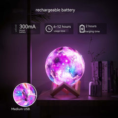 3D printing moon light galaxy lamp with rechargeable battery, showing vibrant colors and charging details.