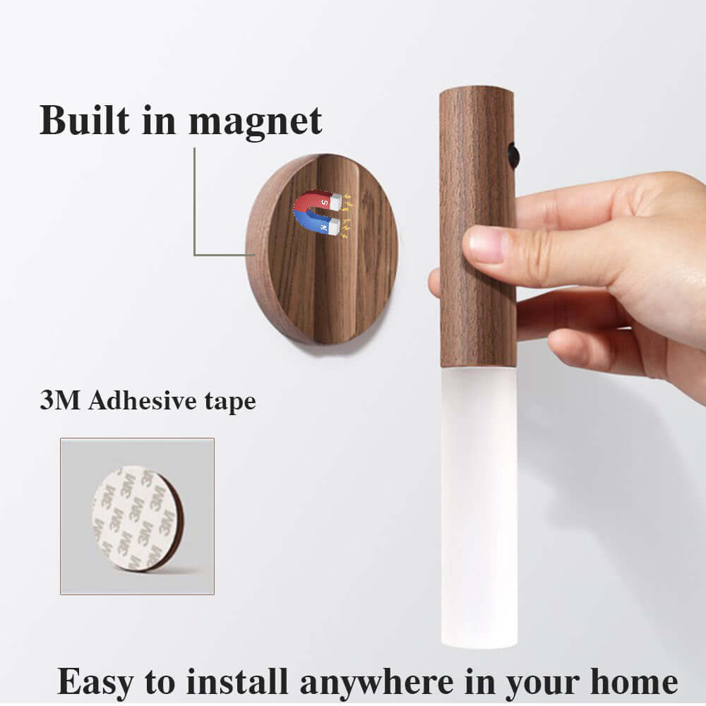 Magnetic wireless night light with wood design, easy installation using adhesive tape, ideal for home use.