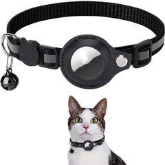 Black reflective collar for cats with AirTag holder, nylon material, adjustable size, includes bell.