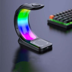 4 in 1 magnetic wireless charger with RGB lighting, ideal for fast charging smartphones, AirPods, and Apple Watch.