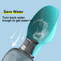 Portable dog water bottle feature showing water trough design to conserve water.