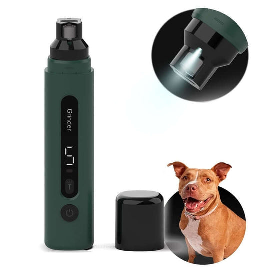 Electric dog nail grinder with LED light and safety cap, ideal for precise pet claw care.