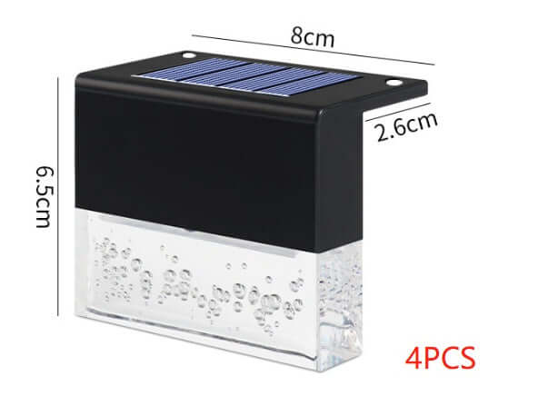 Waterproof RGB LED solar light with dimensions 8cm x 6.5cm x 2.6cm, ideal for garden steps and fences.