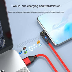 Red 2m data cable for fast charging and data transmission, showing simultaneous connectivity and compatibility with devices.