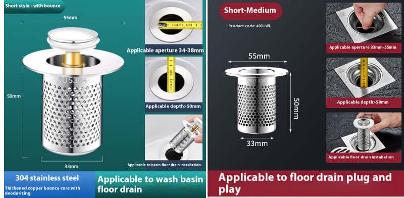 304 stainless steel basin drain plug with bounce core, versatile fit for washbasin and floor drain installations.
