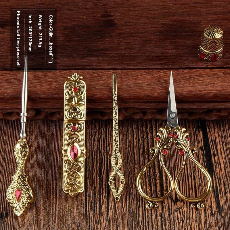  Affordable Luxury Inlaid With Phoenix Tail Scissors Set - five-piece scissors set with intricate designs.