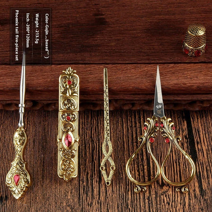  Affordable Luxury Inlaid With Phoenix Tail Scissors Set - five-piece scissors set with intricate designs.