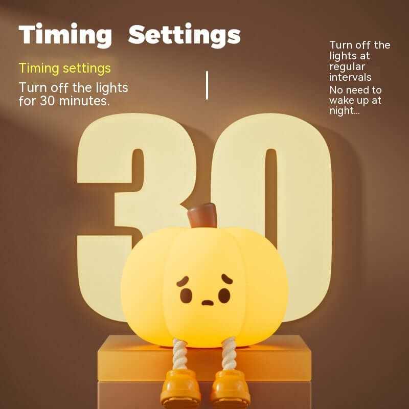 Cute pumpkin night light with 30-minute timer settings, perfect for kids' bedrooms and Halloween decor.