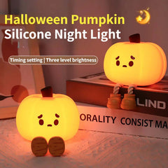 Cute Halloween pumpkin silicone night light with adjustable brightness and timing settings, perfect for kids' bedrooms and decor.