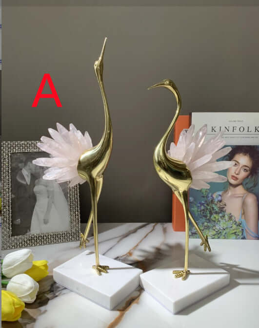 Luxury White Crane Ornament with Crystal and Marble Details