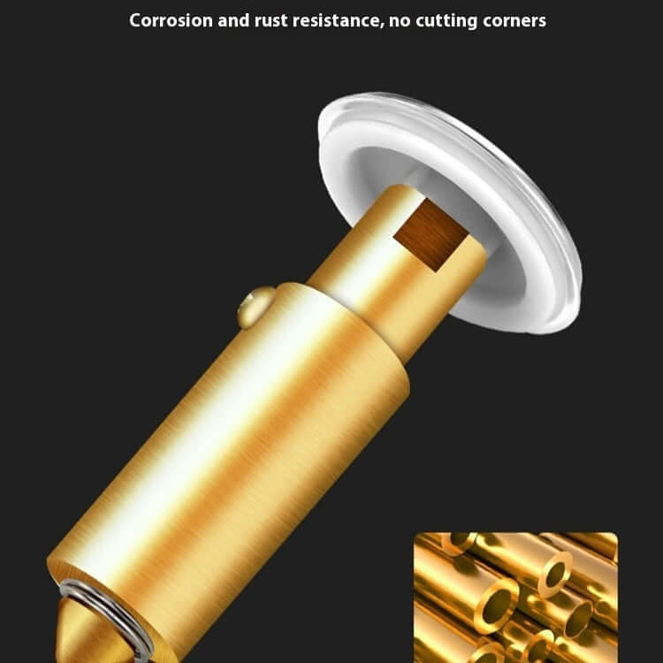 Close-up of a golden washbasin plug showcasing corrosion resistance and a durable design.