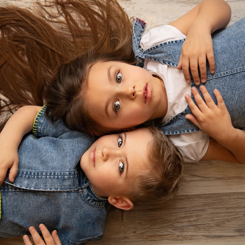 Summer denim collection girls dress set cute baby rompers boys casual shirt girls skirt family clothing set contrast pockets