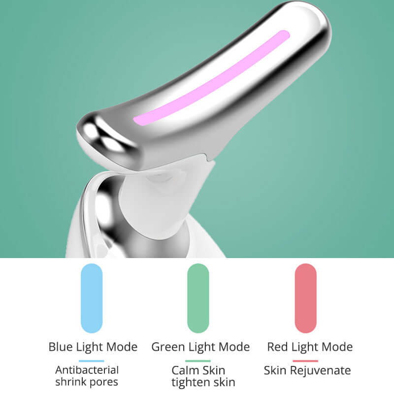 EMS Thermal Neck Massager with blue, green, red light modes for skin tightening and rejuvenation.