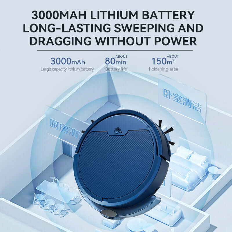 Intelligent sweeping robot with 3000mAh battery for long-lasting, powerful cleaning in large areas.